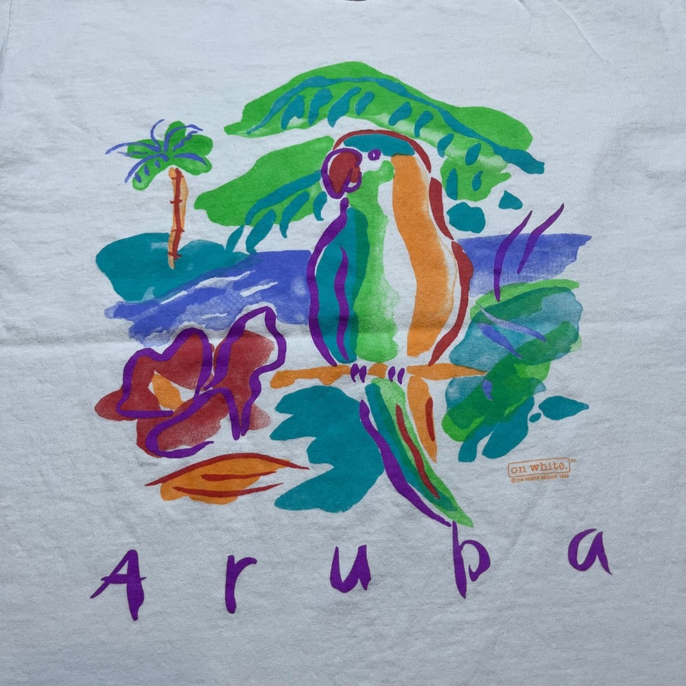 Vintage On White Aruba Parrot T Shirt Large White Neon Tropical Graphic 1993 90s - Picture 12 of 12